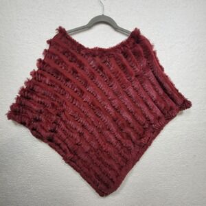 Chameleon Rabbit Fur Poncho Pullover Cape S/M Burgundy Ribbed Knit Wool Blend